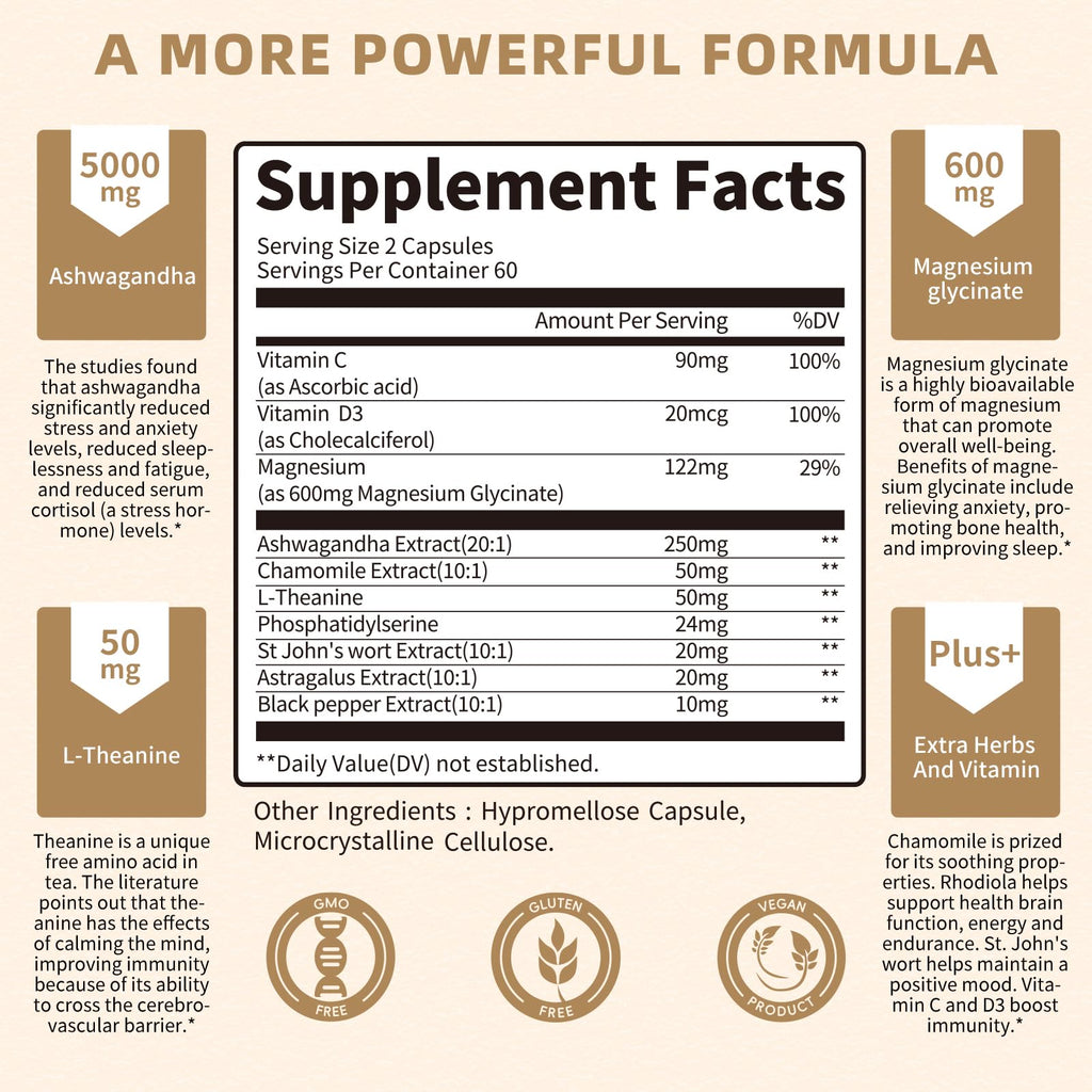 10-in-1 Cortisol Support Supplement – Vegan 120 Capsules | Ashwagandha, L-Theanine, Magnesium
