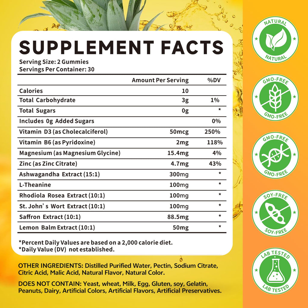 10-IN-1 Saffron Gummies – Sugar Free Mood & Focus Support (Pineapple, 120 Count)