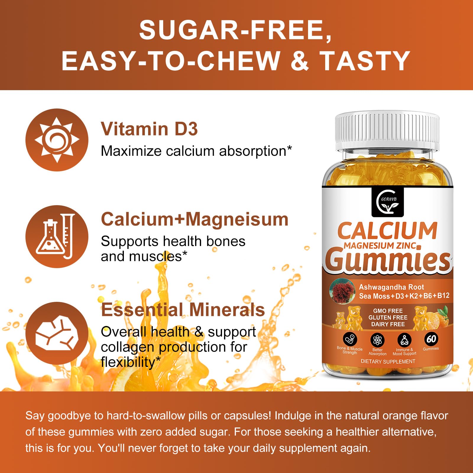 1200mg Calcium Gummies with D3, K2, B12 & B6 – Plant Complex Calcium Magnesium with Sea Moss