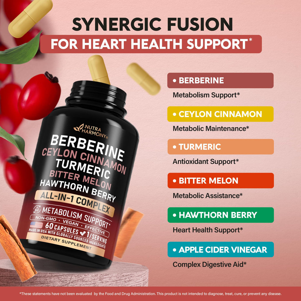 Berberine with Ceylon Cinnamon | Gymnema Extract | Apple Cider Vinegar | Hawthorn Berry | Citrus Bergamot | Bitter Melon - 15-in-1 Supplement for Heart Support, Metabolism & Energy - Vegan 60 Capsules