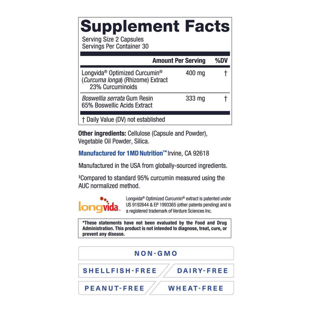 1MD Nutrition CurcuminMD Plus — Turmeric Curcumin with Boswellia Serrata, 285x Absorbable, 60 Capsules