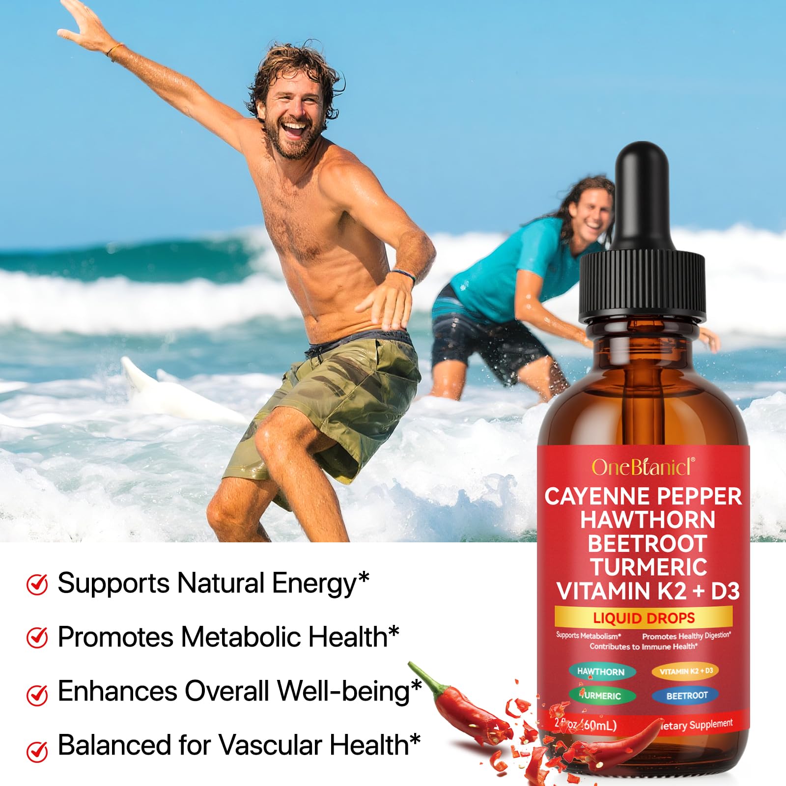 2-Count Cayenne Pepper Drops with Hawthorn, Beet Root, Turmeric, Vitamin K2 & D3 - 60ml