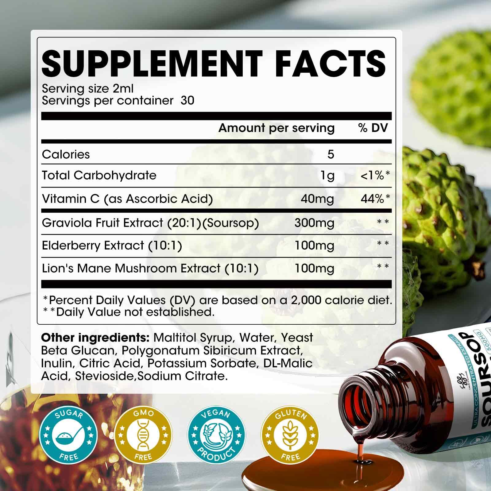 (2 Pack) Soursop Graviola Liquid Drop with Elderberry & Lion's Mane — Immune & Gut Support
