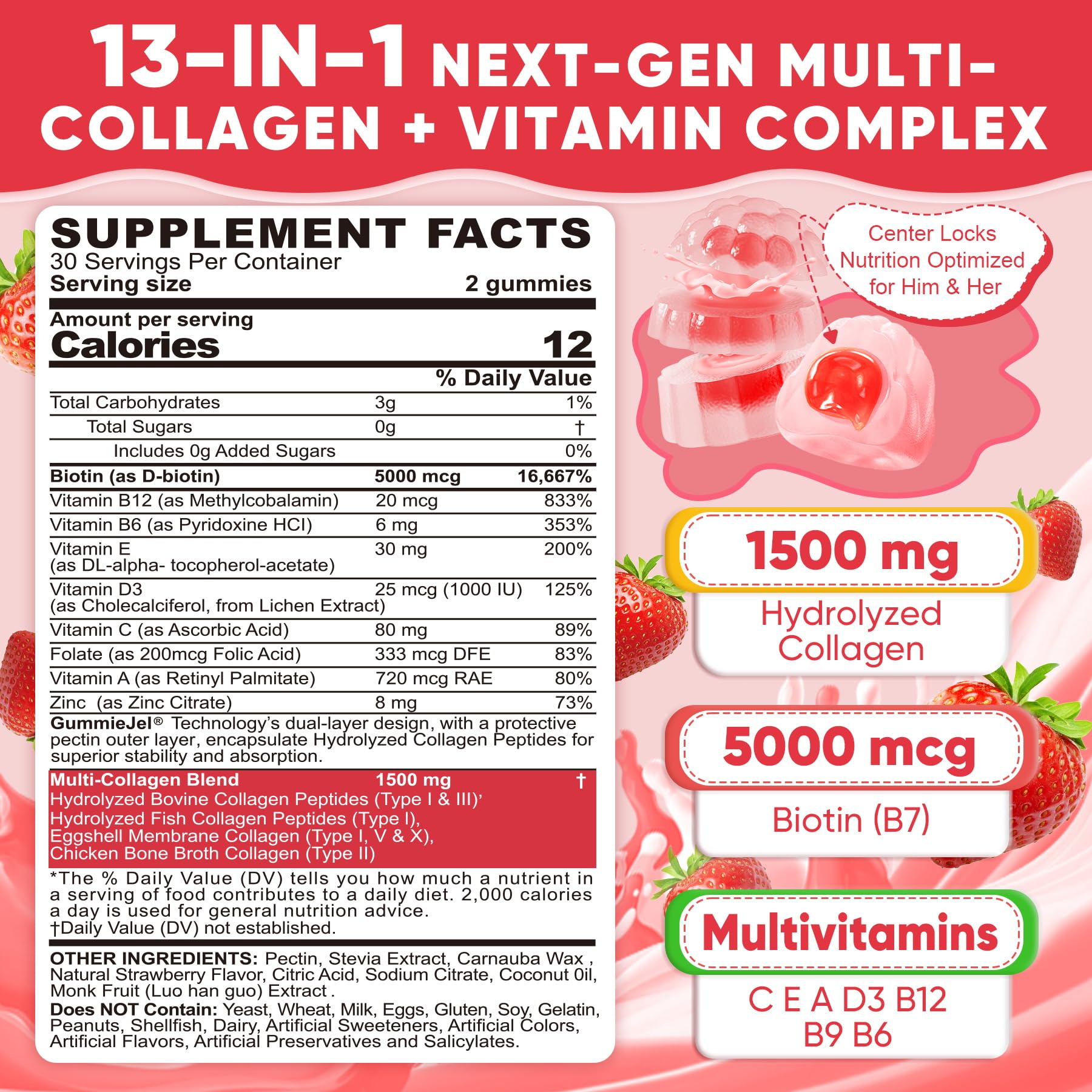 LILICARE 2Pack Sugar-Free Hydrolyzed Collagen Gummies – 1500mg Multi-Collagen, 5000mcg Biotin, Immune & Skin Support