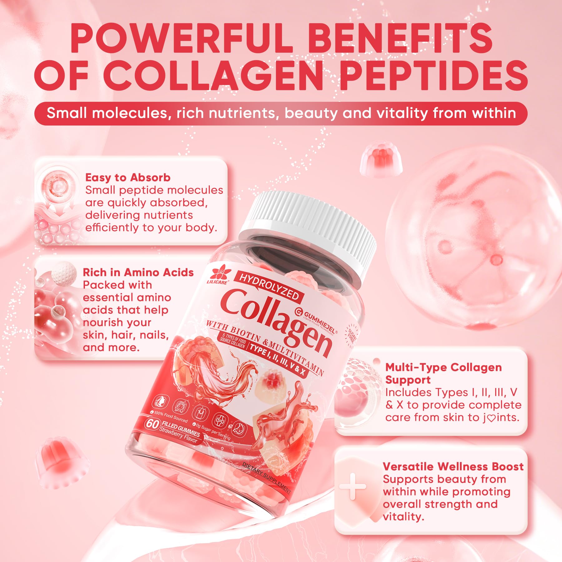 LILICARE 2Pack Sugar-Free Hydrolyzed Collagen Gummies – 1500mg Multi-Collagen, 5000mcg Biotin, Immune & Skin Support