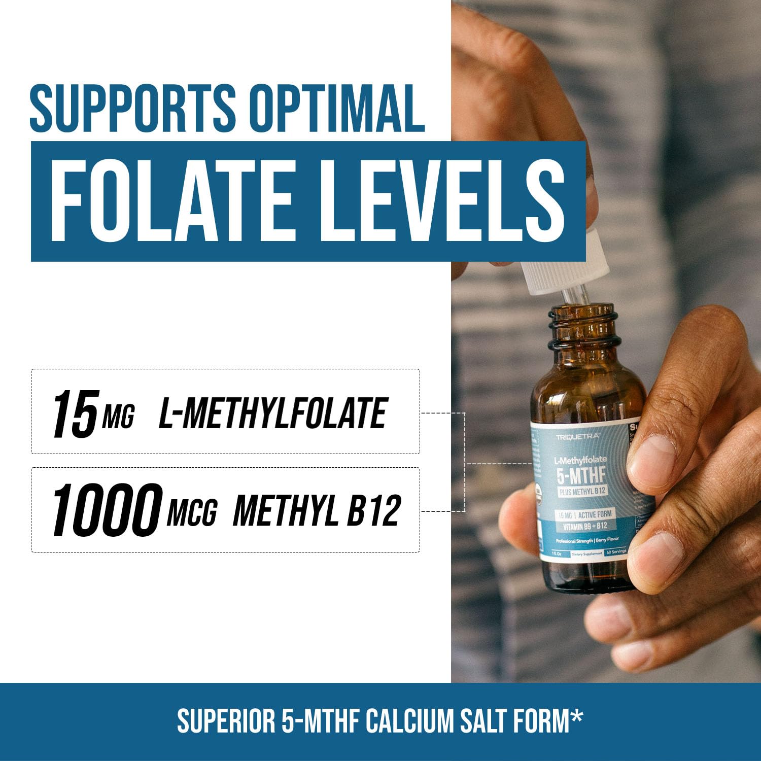 L-Methyl Folate 15mg + Methyl B12 Cofactor – Organic Berry Flavor, High Potency Liquid Sublingual 5-MTHF Calcium Salt | Supports Mood, Methylation & Cognition (1oz)