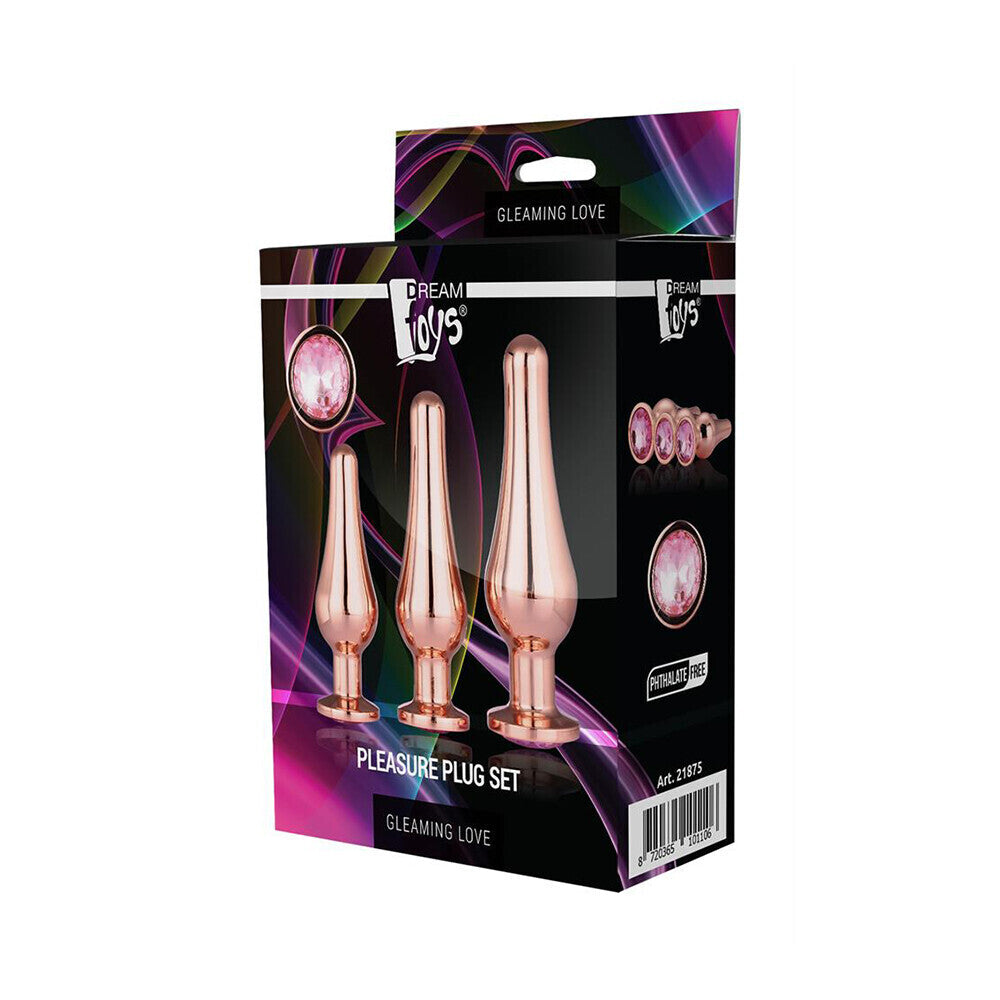 Gleaming Gemstone Anal Butt Plug Smooth Tapered Rose Gold Metal Pink Training Set