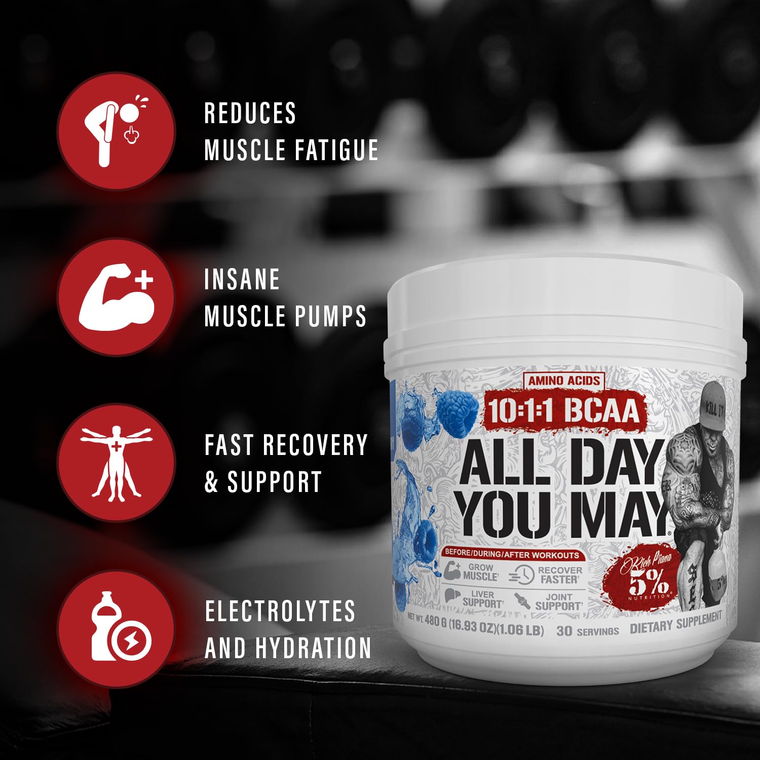 5% Nutrition Rich Piana AllDayYouMay BCAA Powder – Intra & Post-Workout Aminos