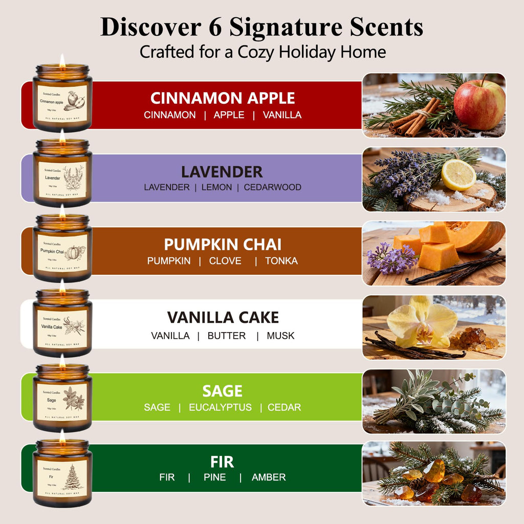 6 Pack Winter Candles – Soy Scented Gift Set with Cinnamon Apple, Pumpkin Chai & Vanilla