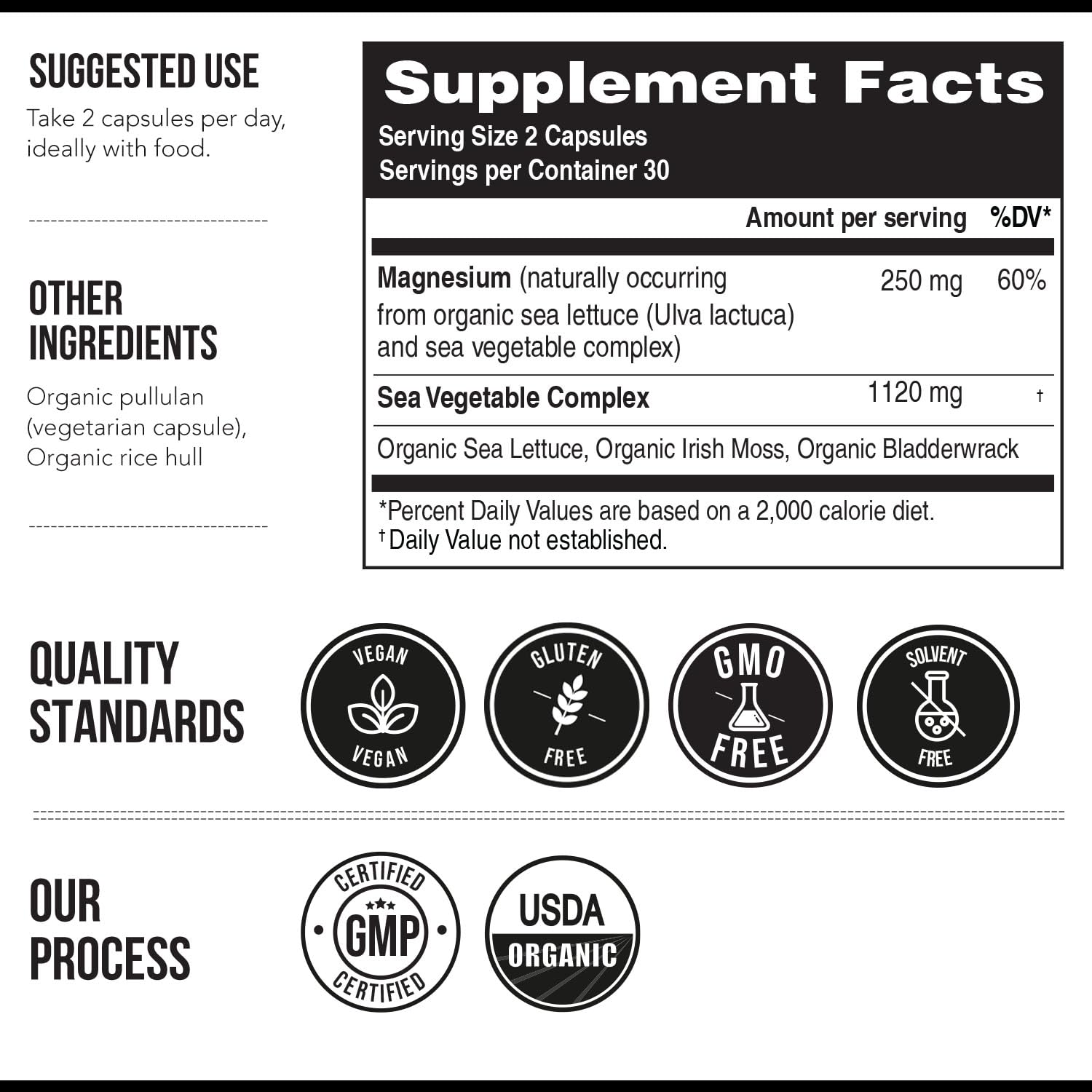 Organic Whole Food Magnesium Supplement - Plant-Based Sea Vegetable Complex, 250 mg per Serving | 60 Capsules