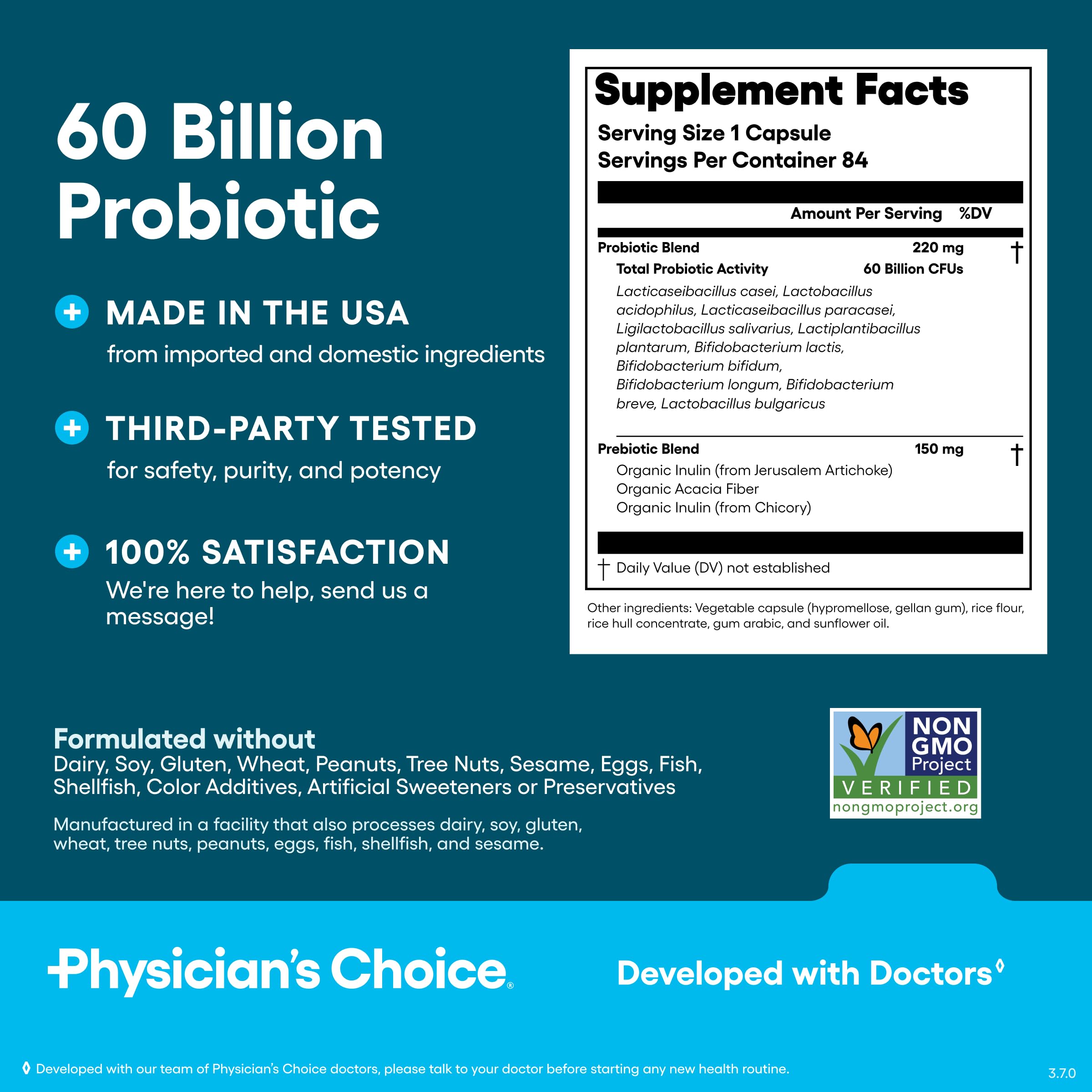 Physician's CHOICE Probiotics 60 Billion CFU – 10 Strains + Organic Prebiotics | 84ct
