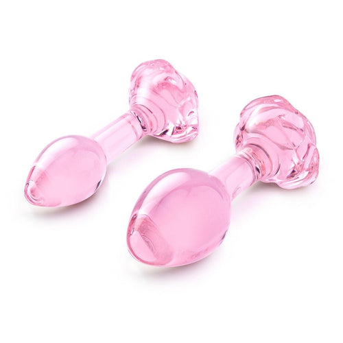 b-Vibe Pink Roses Glass Butt Plug 2 Piece Anal Sex Training Set 3 & 4.8 Inch Kit