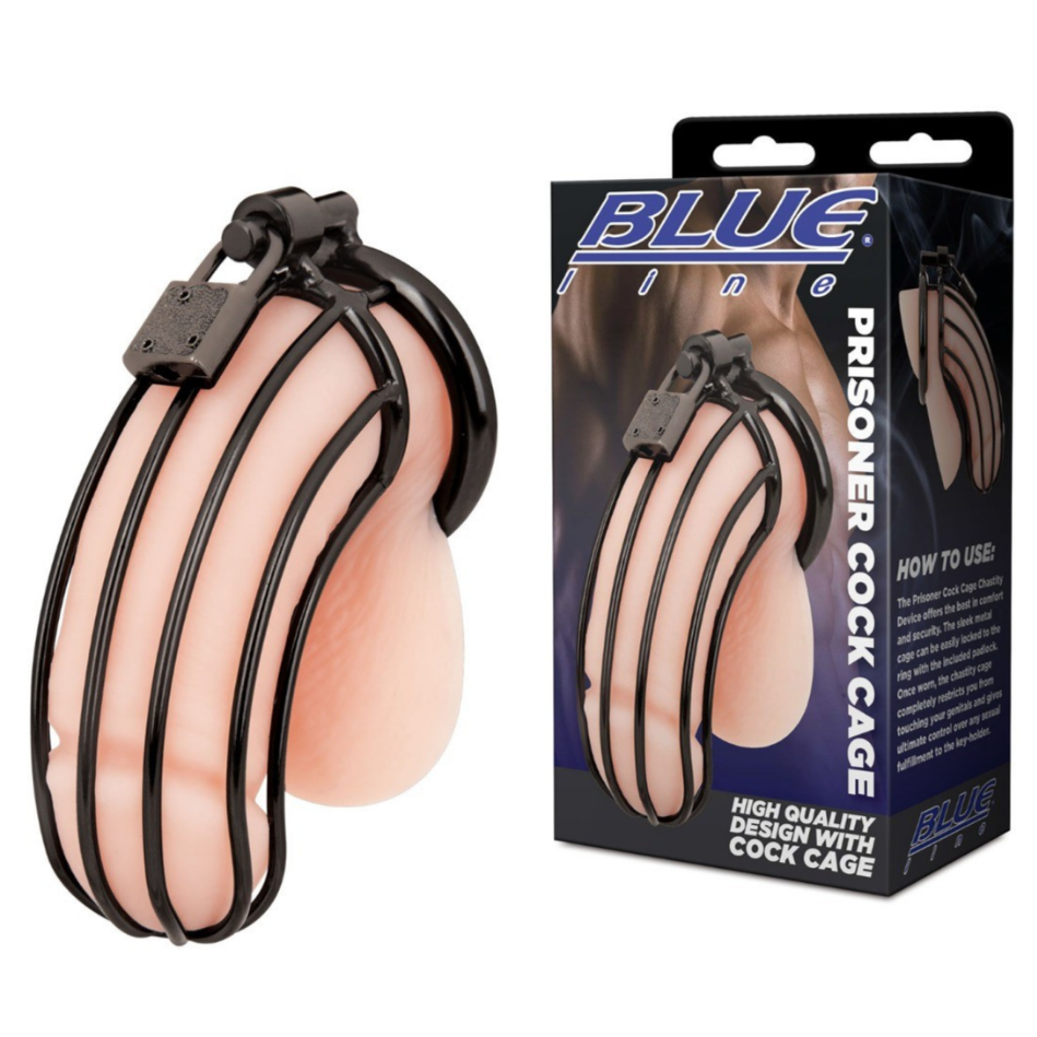 Blue Line Prisoner Cock Penis Chastity Cage Lock Key BDSM Fetish Metal Black