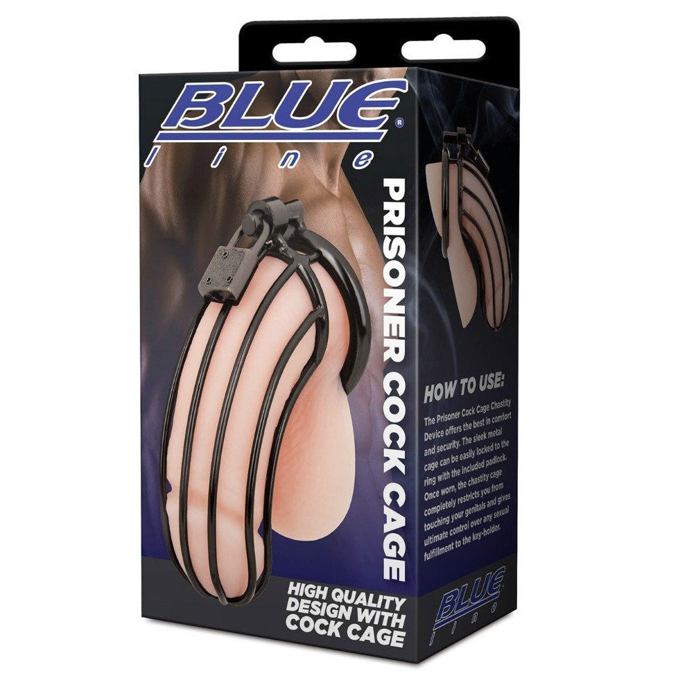 Blue Line Prisoner Cock Penis Chastity Cage Lock Key BDSM Fetish Metal Black