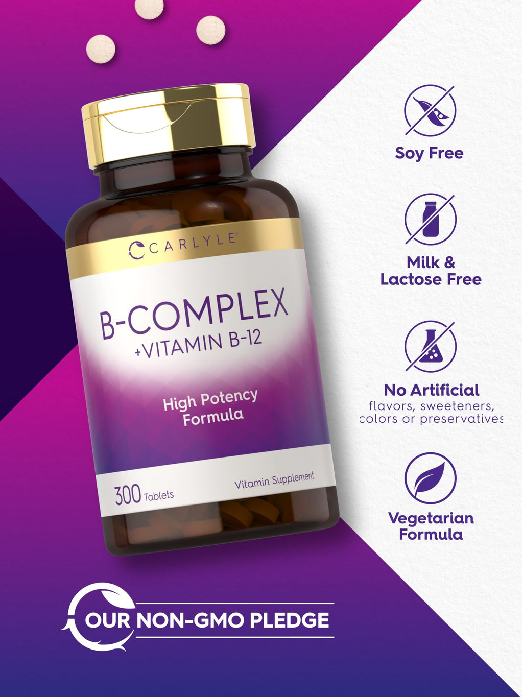Carlyle B-Complex with B12 - 300 Tablets | High Potency, Vegetarian, Non-GMO