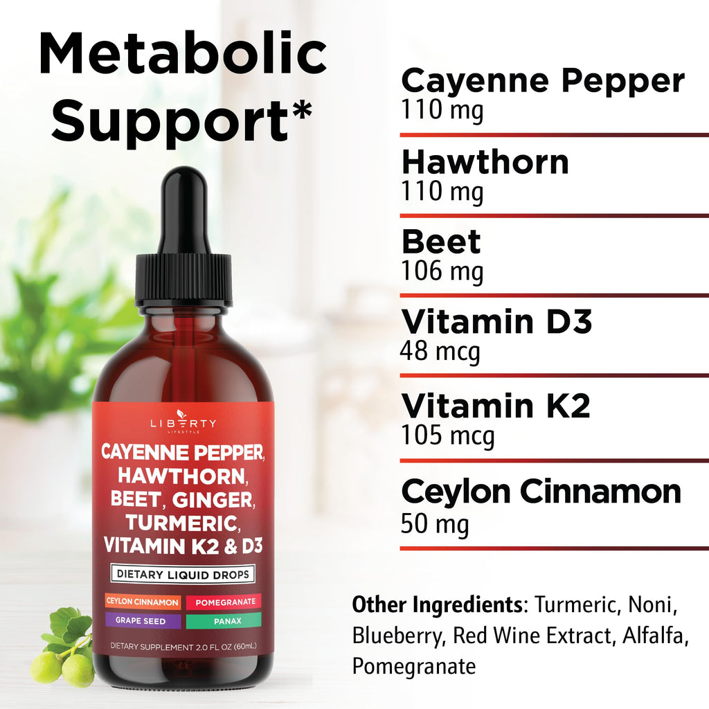 Cayenne Pepper Liquid Drops with Hawthorn Berry, D3 K2, Beet Root, Cinnamon & Turmeric - 2oz