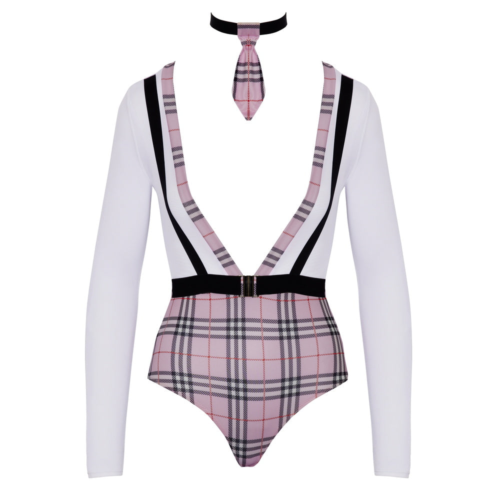 Cottelli Collection School Girl Costume Pink Tartan Bodysuit Small - Extra Large