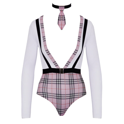 Cottelli Collection School Girl Costume Pink Tartan Bodysuit Small - Extra Large