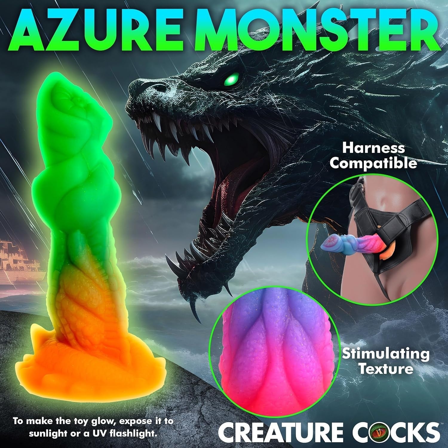 Creature Cocks Aqua Glow In The Dark Silicone Fetish Monster Fantasy Dildo Adult