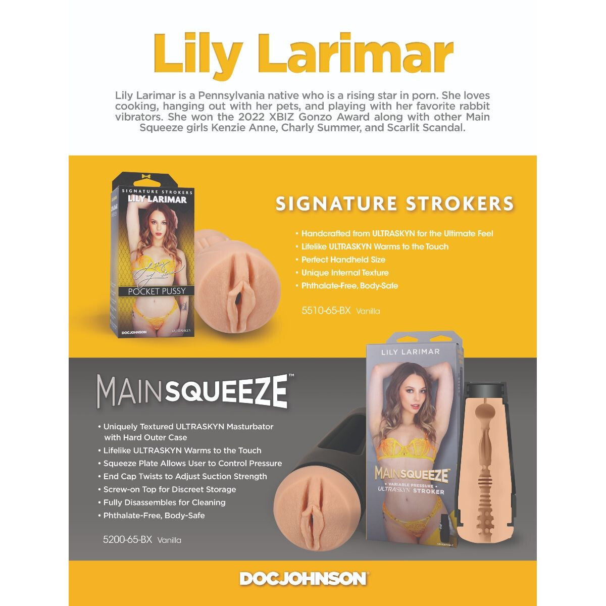Doc Johnson Main Squeeze Lily Larimar Pussy Male Masturbator UltraSkyn Stroker
