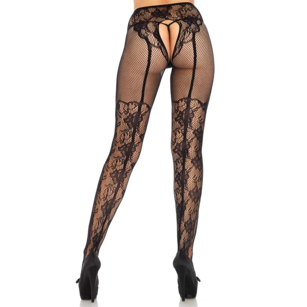 Fleur de Lace Suspender Crotchless Fishnet Tights Bow Black Sexy Sheer Lingerie