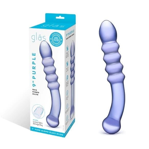 Gläs 9 Inch Purple Rain Ribbed Double Dual End Handblown Glass Dildo Anal Massager