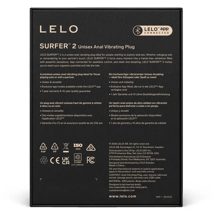 LELO Surfer 2 Unisex Anal Vibrating Plug Silicone App Controlled Black