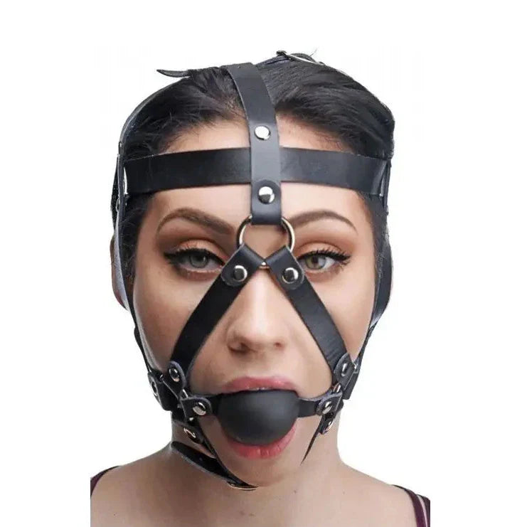 Master Series Hostage Leather Head Harness With Silicone Ball Gag