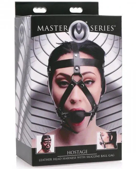 Master Series Hostage Leather Head Harness With Silicone Ball Gag