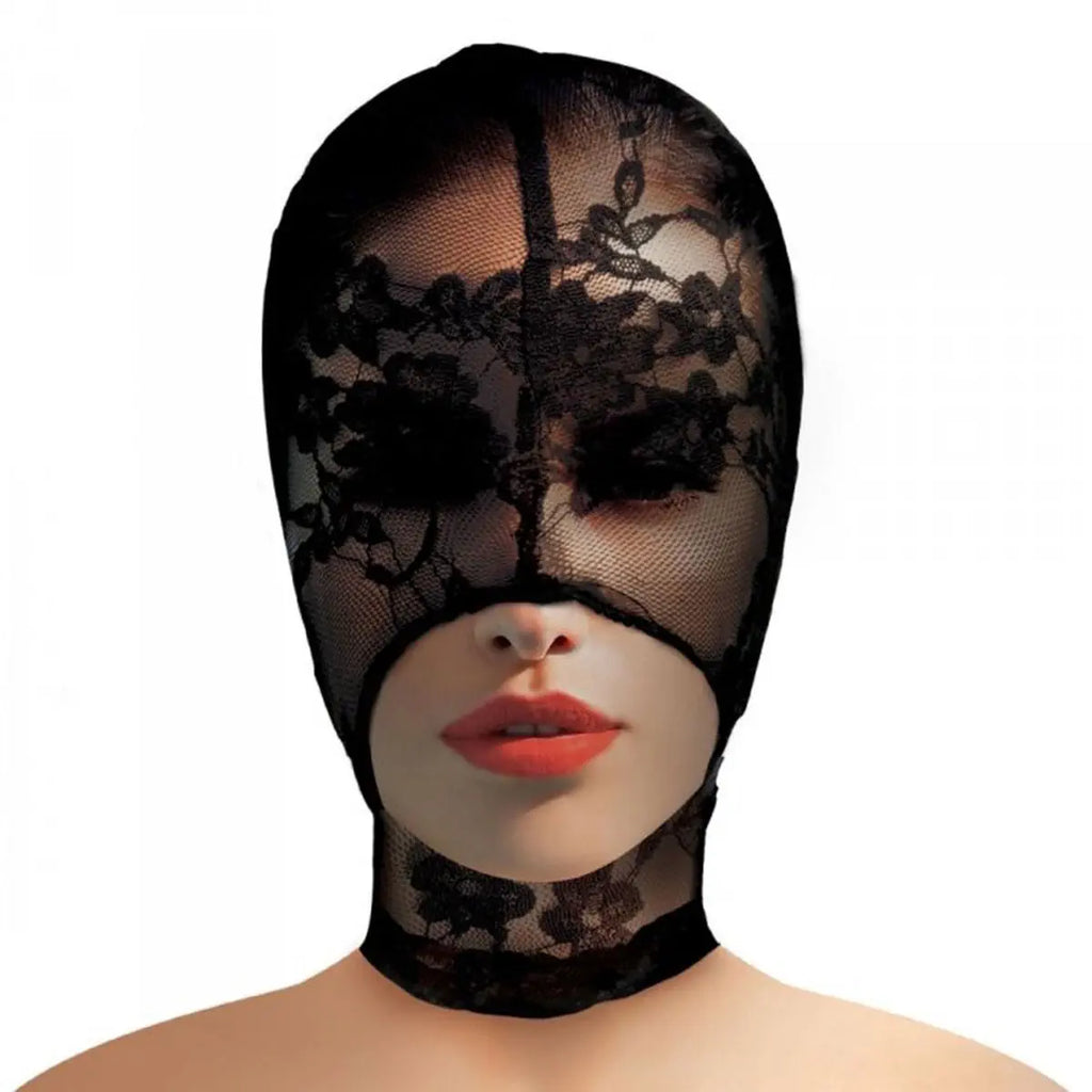 Master Series Lace Seduction Black Lace Bondage Hood Fetish Mask