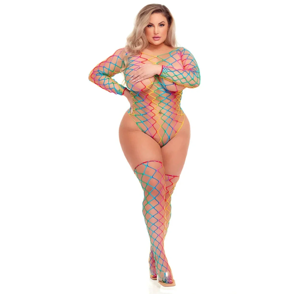 Pink Lipstick Lingerie Taste The Rainbow Teddy & Stockings One Size Queen Size