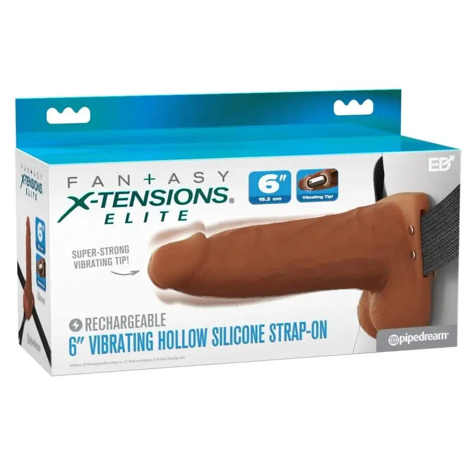 Pipedream Fantasy X-Tensions Elite Vibrating 6 Inch Dual Density Silicone Hollow Strap-On Dildo Brown