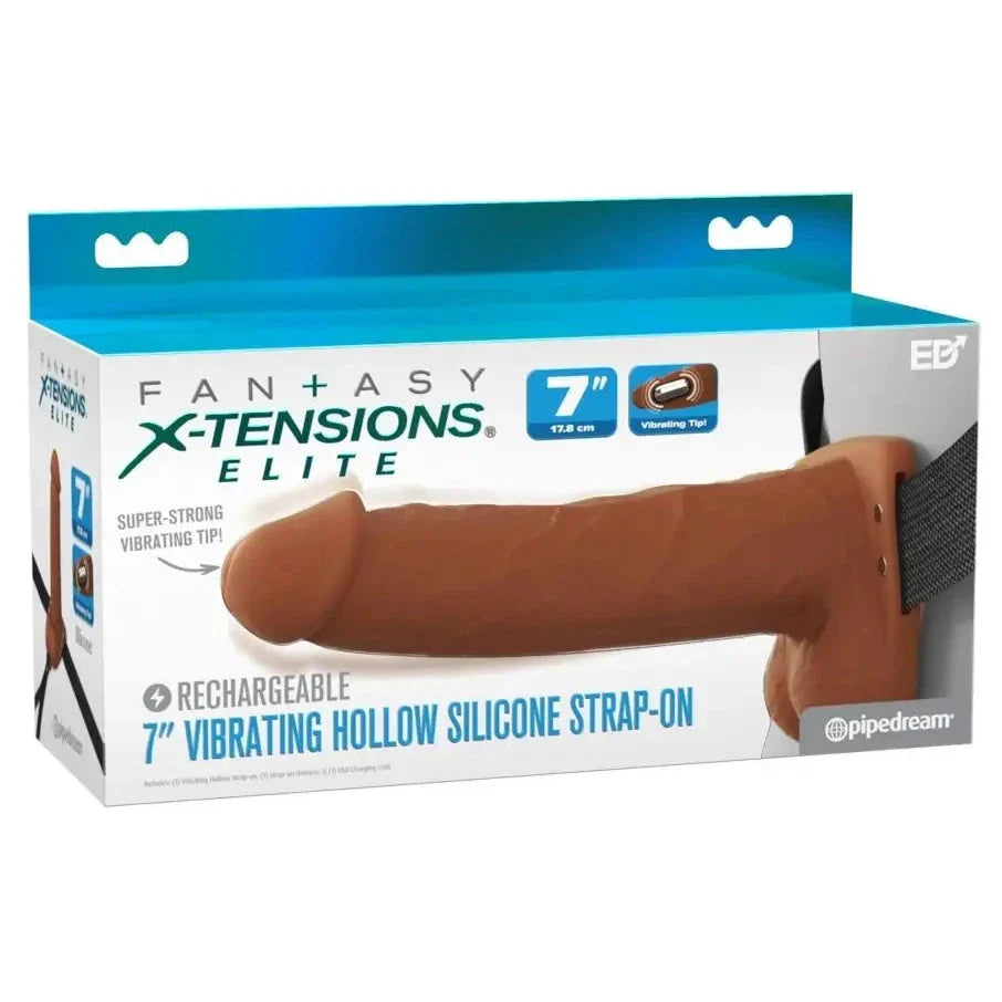 Pipedream Fantasy X-Tensions Elite Vibrating 7 Inch Dual Density Silicone Hollow Strap-On Dildo Brown