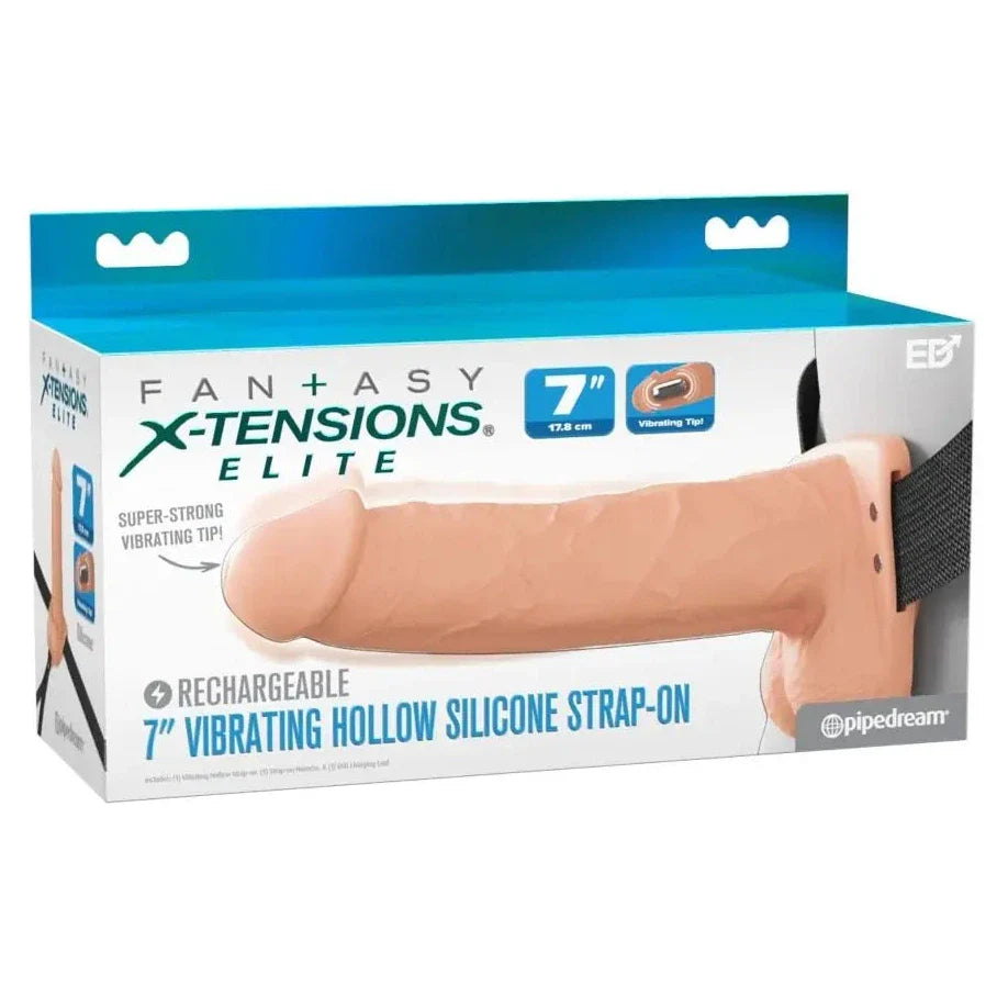 Pipedream Fantasy X-Tensions Elite Vibrating 7 Inch Dual Density Silicone Hollow Strap-On Dildo Light