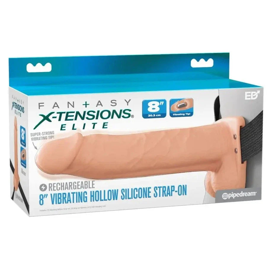 Pipedream Fantasy X-Tensions Elite Vibrating 8 Inch Dual Density Silicone Hollow Strap-On Dildo Light