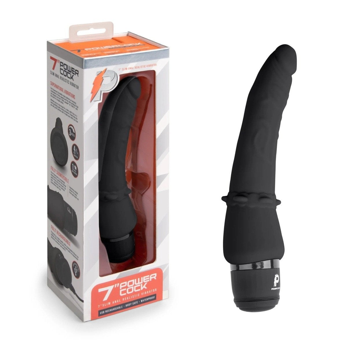 Powercocks 7 Inch Slim Realistic Anal Multispeed Vibrator Dildo Black Waterproof