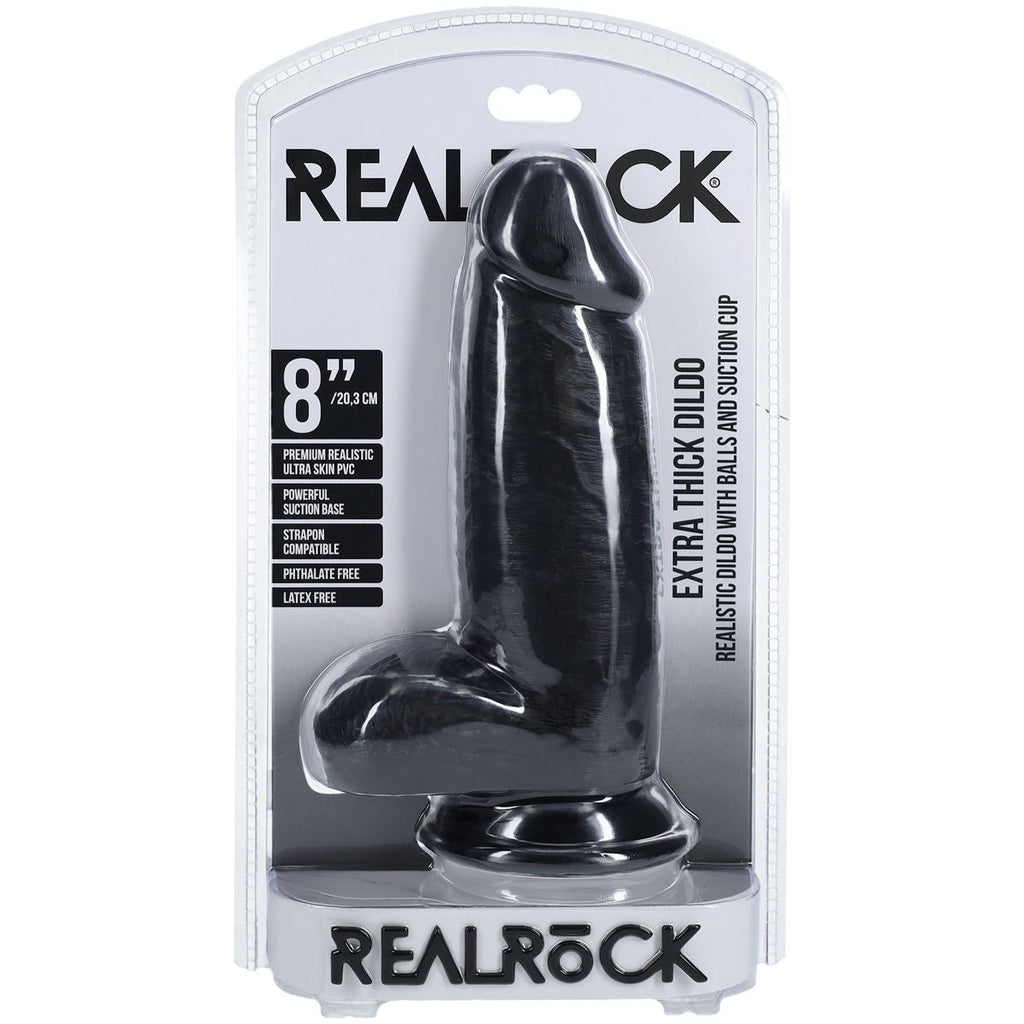 RealRock Extra Thick Suction Cup Dildo Cock Balls Black Realistic Veiny 8 Inch