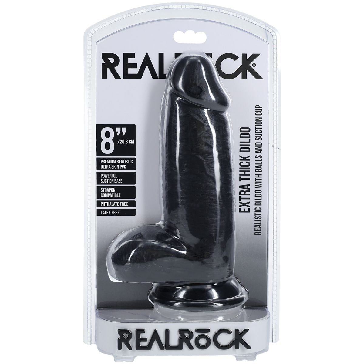 RealRock Extra Thick Suction Cup Dildo Cock Balls Black Realistic Veiny 8 Inch