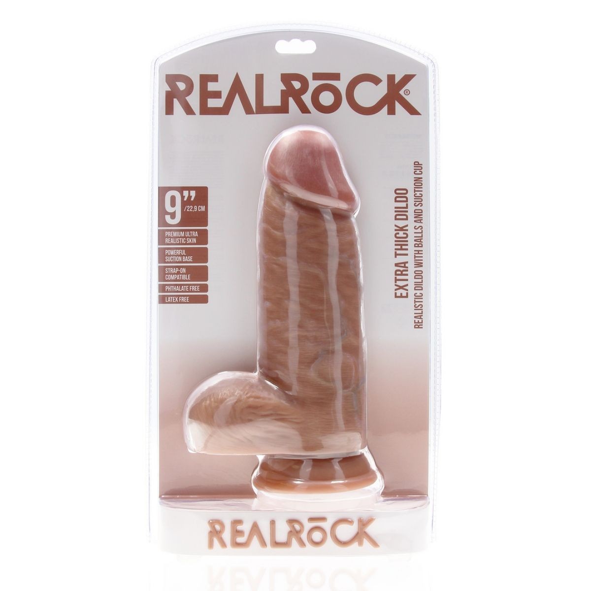 RealRock Extra Thick Suction Cup Dildo Cock Balls Tan Realistic Veiny 9 Inch