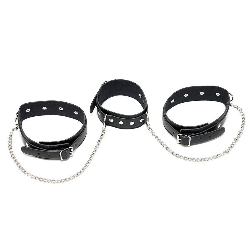 Rimba Leather Neck & Leg Chain Cuffs Bondage BDSM Thigh Harness Fetish Slave