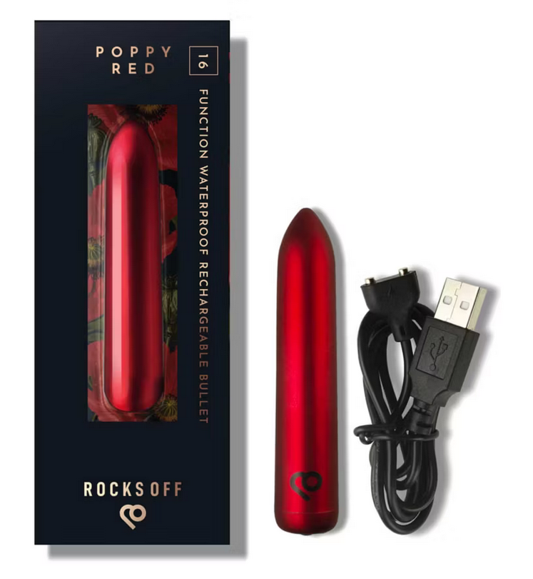 Rocks Off Poppy Red USB Rechargeable Bullet Vibrator Waterproof 16 Function Vibe