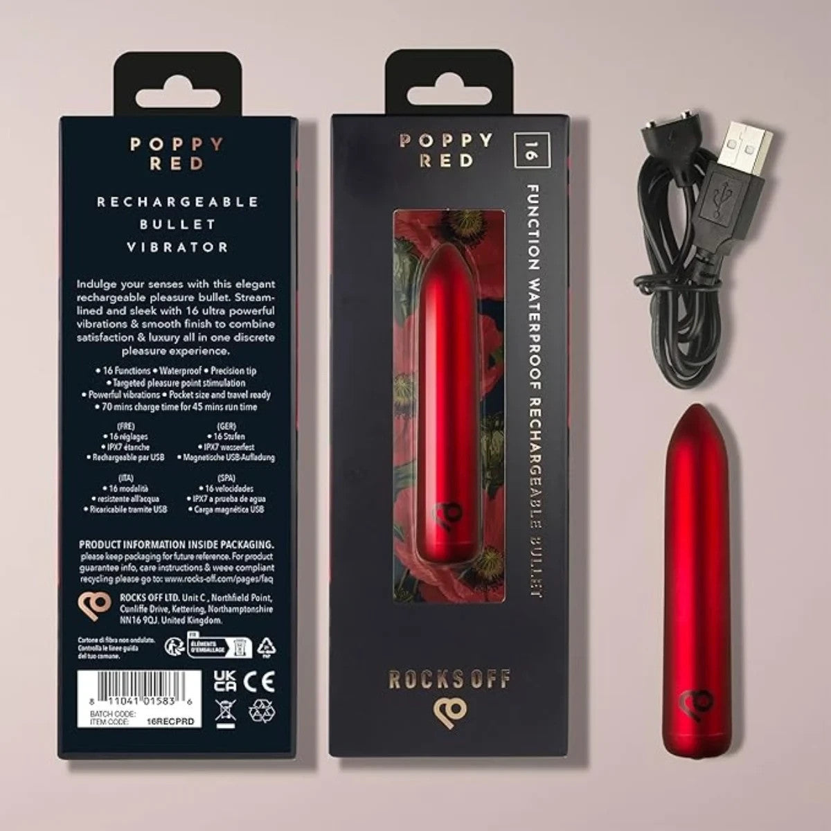Rocks Off Poppy Red USB Rechargeable Bullet Vibrator Waterproof 16 Function Vibe