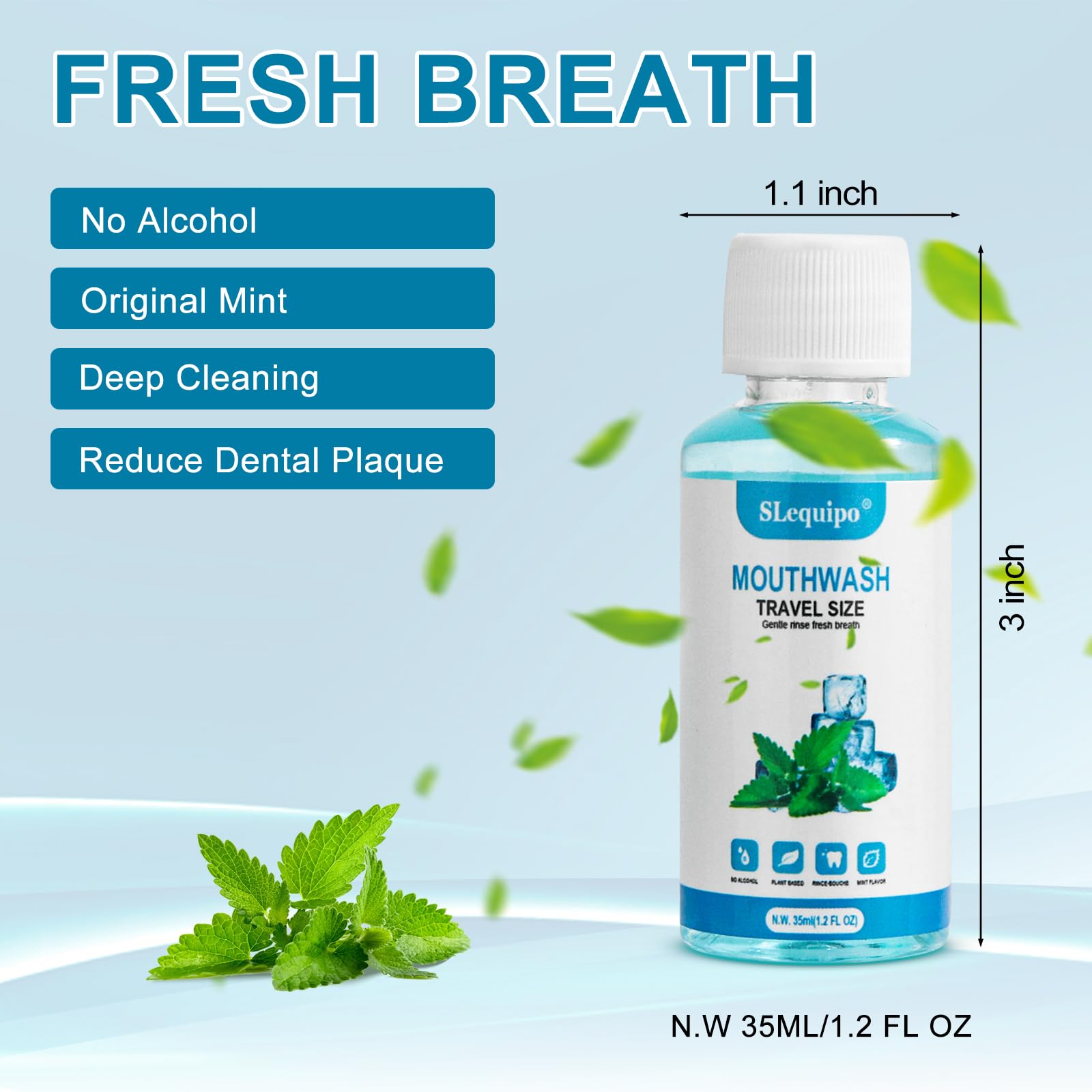 SLequipo 25 Travel Size Mint Mouthwash – Bulk 1.2oz/35ml, Pack of 10 Blue Bottles