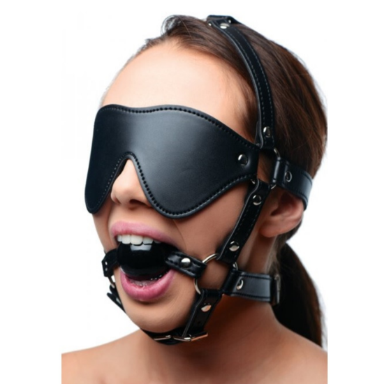STRICT Head Harness with Blindfold Ball Gag & Chin Strap Faux Leather BDSM Dom
