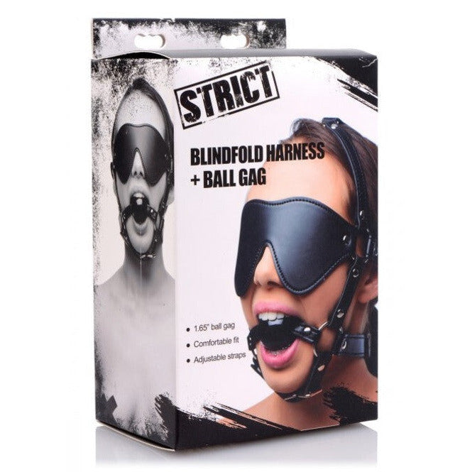 STRICT Head Harness with Blindfold Ball Gag & Chin Strap Faux Leather BDSM Dom