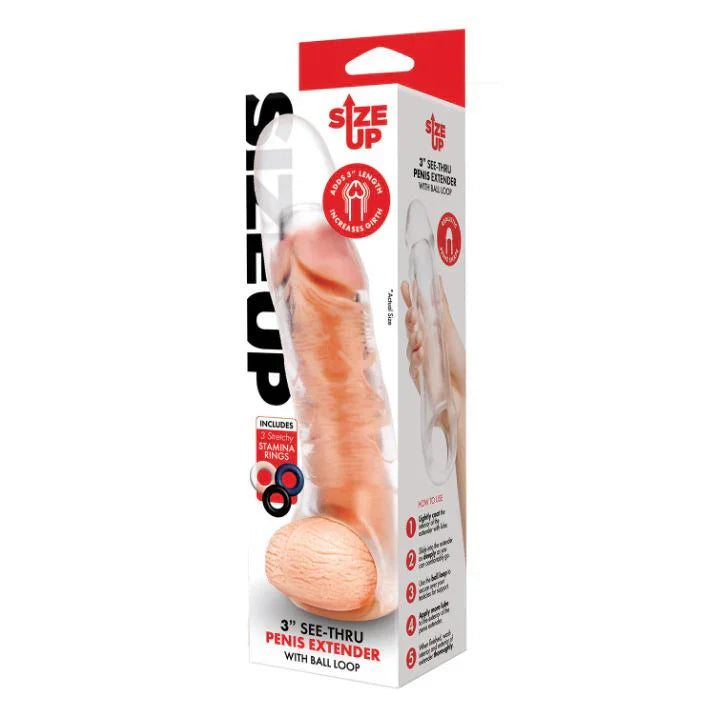 Size Up See-Thru Clear Penis 3 Inch Extender Sleeve With Ball Loop
