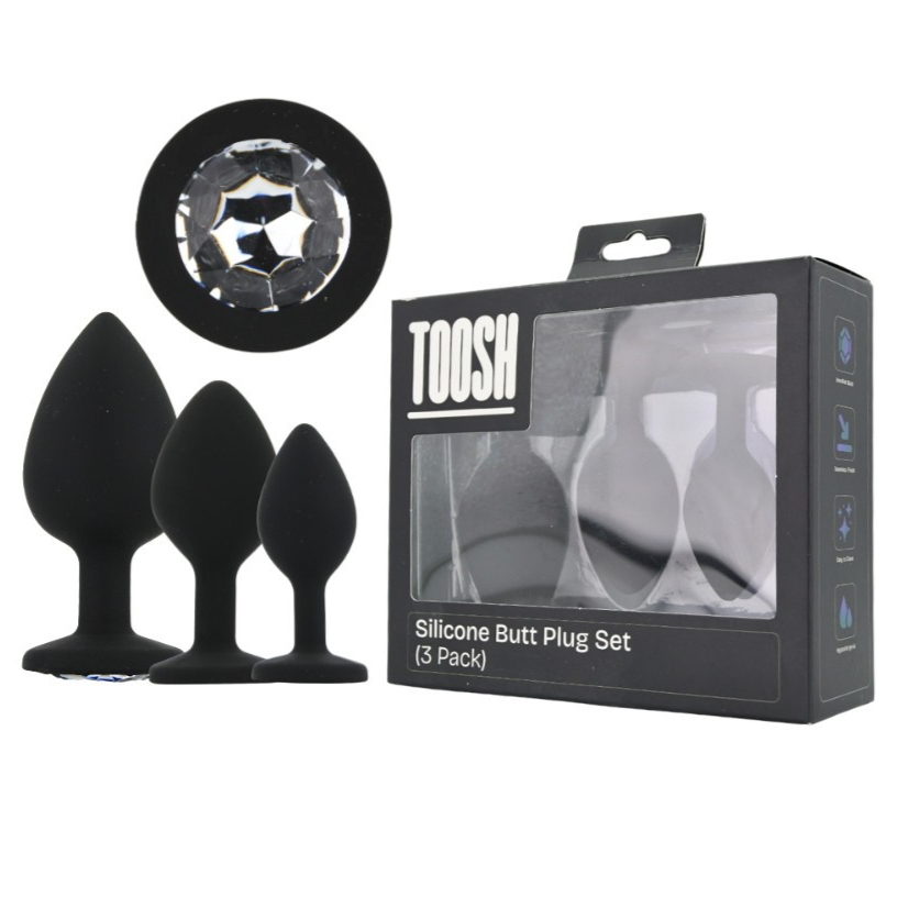 Toosh Black Silicone Gem Butt Anal Plug Prostate BDSM Small Medium Large Set