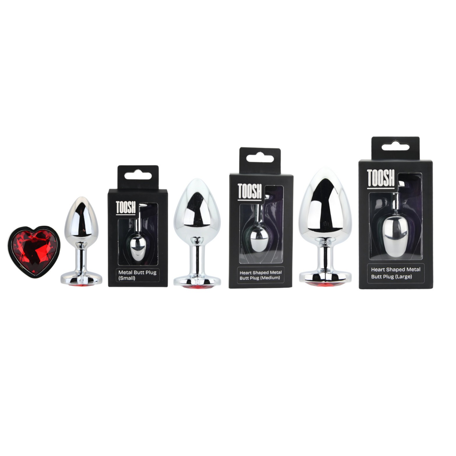 Toosh Silver Metal Red Heart Gem Butt Anal Plug Prostate BDSM Small Medium Large