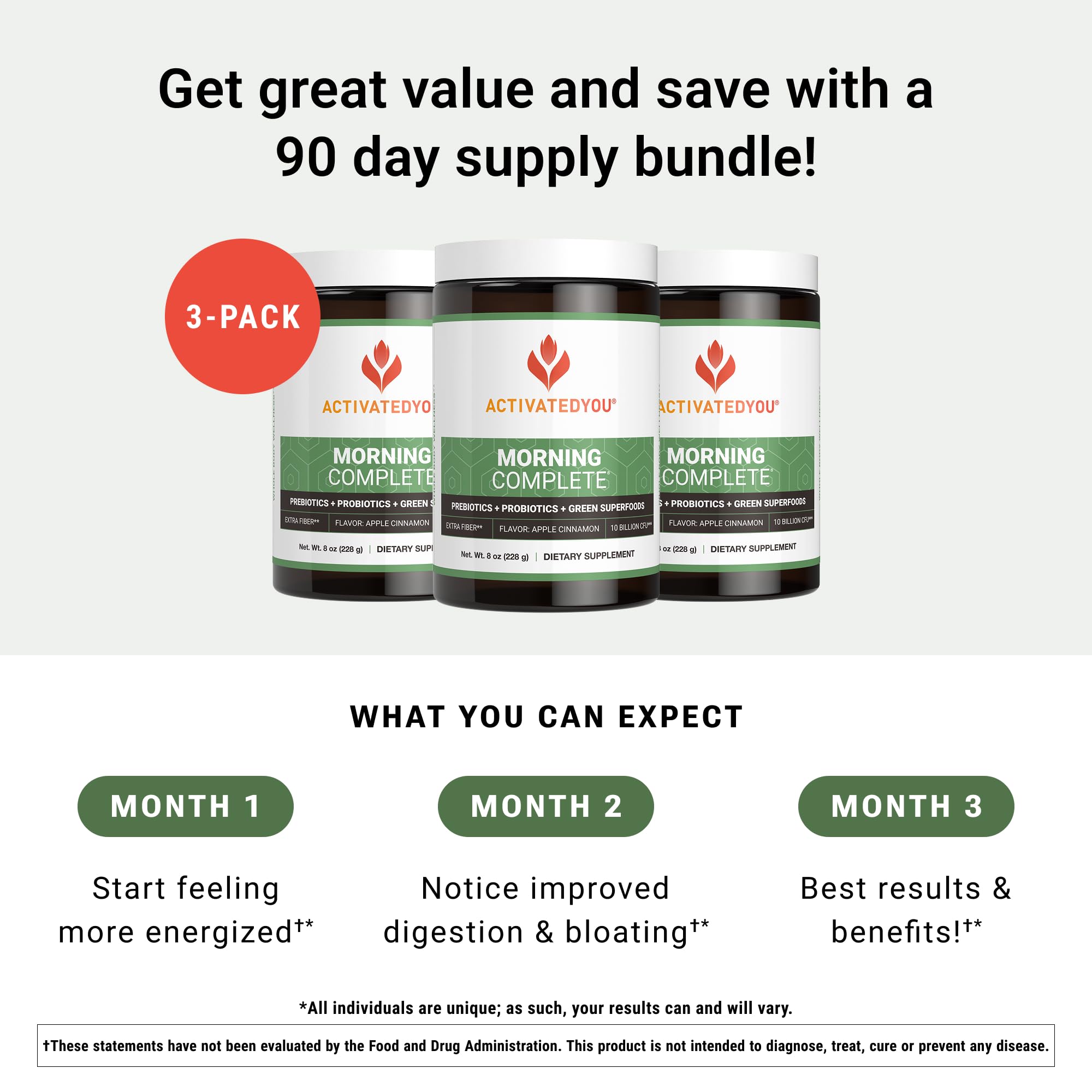 ACTIVATEDYOU Morning Complete Daily Wellness Greens — Probiotics & Prebiotics, 10B CFU, Apple Cinnamon (3 Pack)