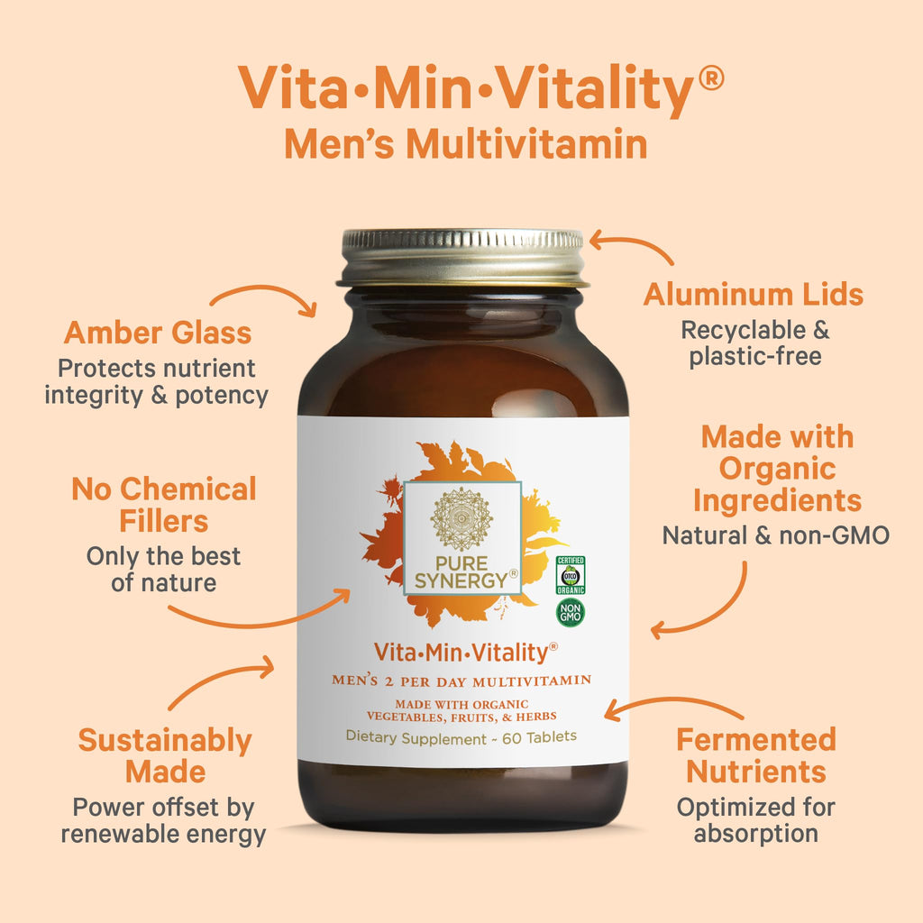 PURE SYNERGY Vita-Min-Vitality | Natural Men’s Multivitamin with Organic Whole Foods | Energy, Stress & Immune Support (60 Tablets)
